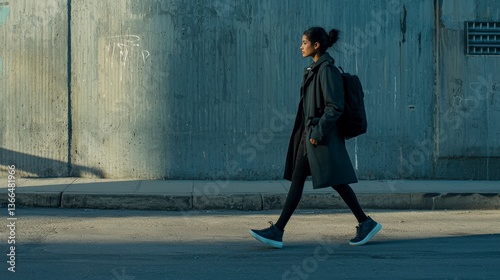 Woman in Structured Trench Coat and Sneakers Walking on Sidewalk