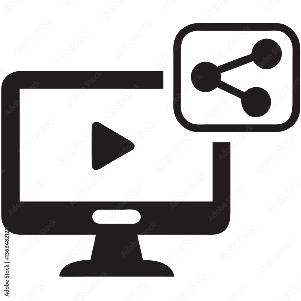 Sharing a video online easily and instantly with a simple computer icon design in bold black. Sharing a video online easily and instantly with a simple computer icon design in bold black.