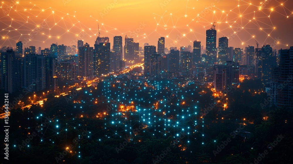 Fototapeta premium Cityscape at night, interconnected network