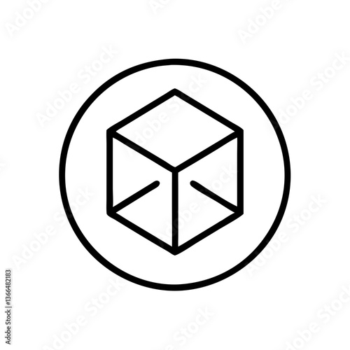 A bold cube encased in a circle symbolizing unity, structure, and potential, presented with a minimalist black line design on a white background.