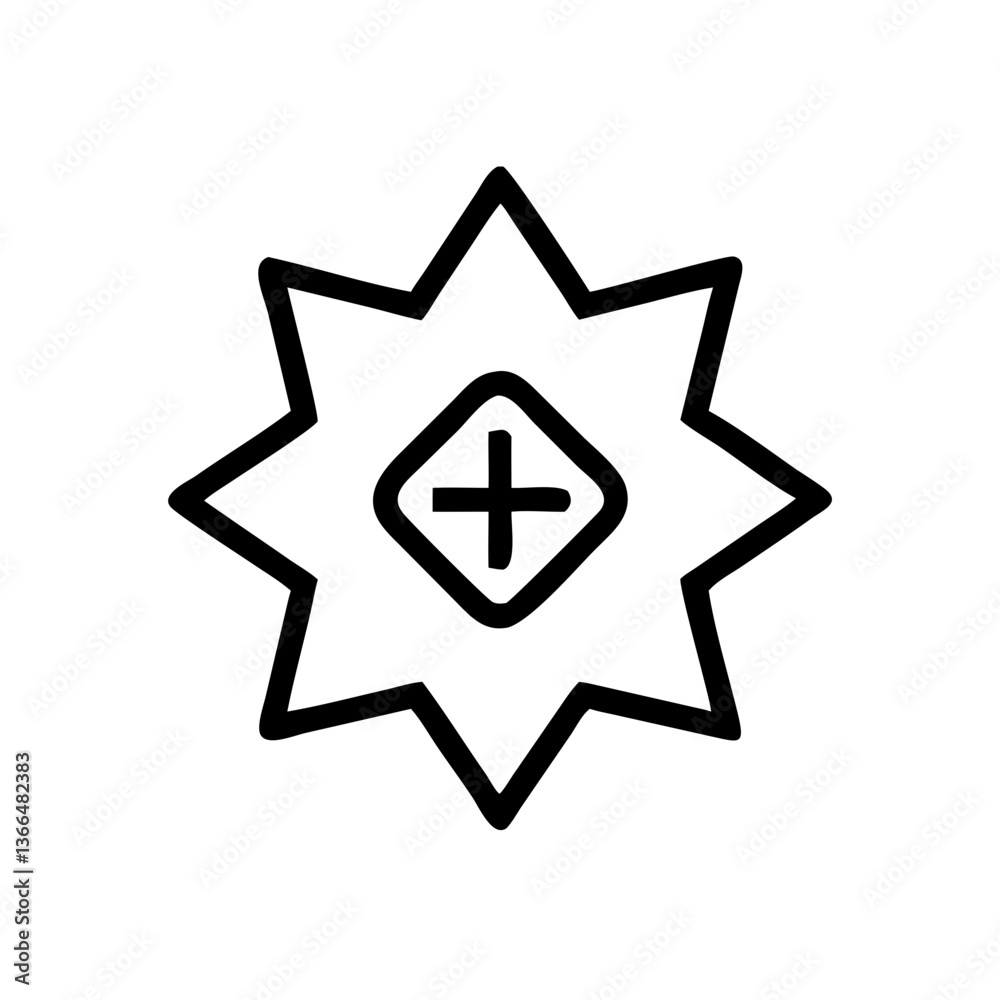 A bold starburst emblem showcasing a central plus sign, radiating energy and signifying growth or addition, with a striking black line art style. A bold starburst emblem showcasing a central plus sign, radiating energy and signifying growth or addition, with a striking black line art style.
