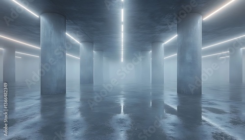 A foggy concrete corridor with pillars and illuminating lines