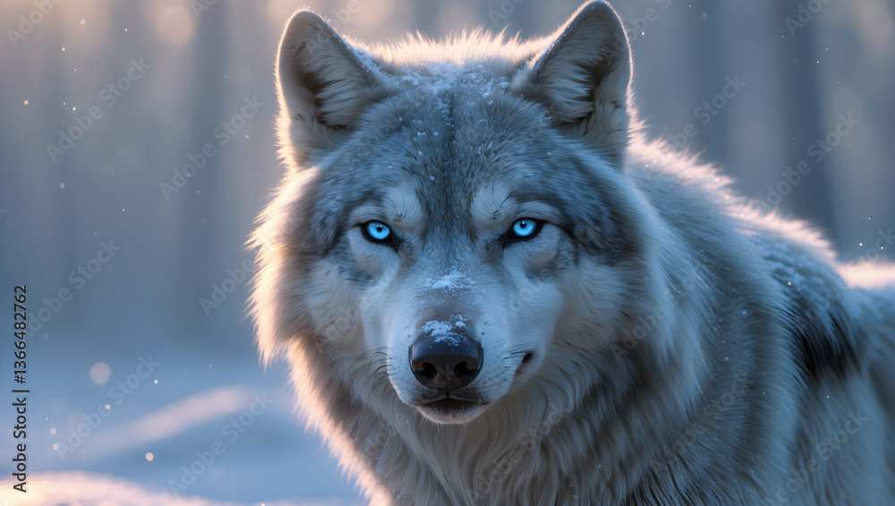 Obraz premium Majestic wolf with striking blue eyes in snowy winter forest, powerful gaze. 