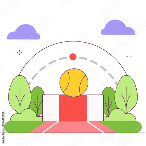 A tennis ball poised on a net, ready for a powerful serve, symbolizing the thrill of a crucial match point in a vibrant outdoor court setting with minimalist line art.