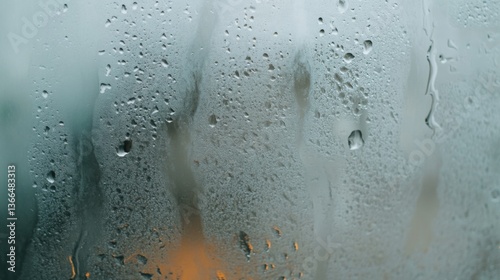 Thick condensation on a foggy mirror reveals swirling patterns and droplets after a warm shower in a cozy bathroom
