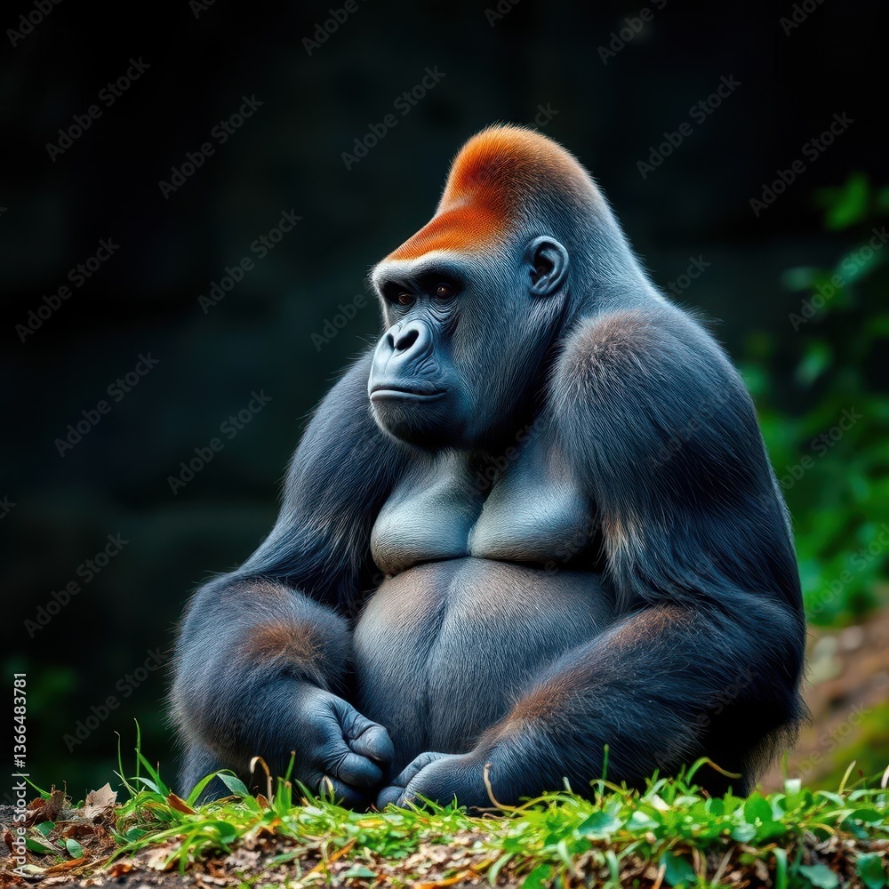 Fototapeta premium A large gorilla sits serenely, gazing into the distance, lost in thought, wildlife, mystical, wildlife photography