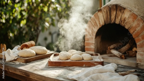 Rural backyard handmade brick oven baking dough in a sunny garden setting during afternoon hours