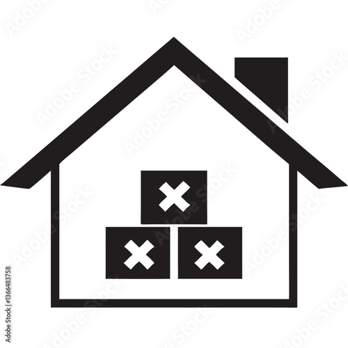 A house with three marked boxes representing decluttering, simplifying home life, and minimizing possessions with a bold black and white graphic design.