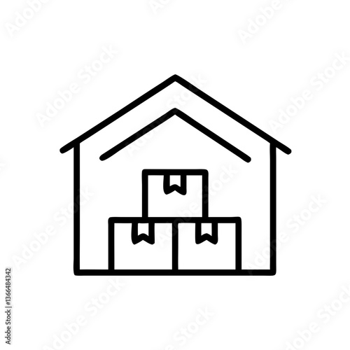 Secure warehouse storage: Packages safely housed in a sturdy building, ready for shipment or safekeeping. Bold black lines create a simple yet effective visual.