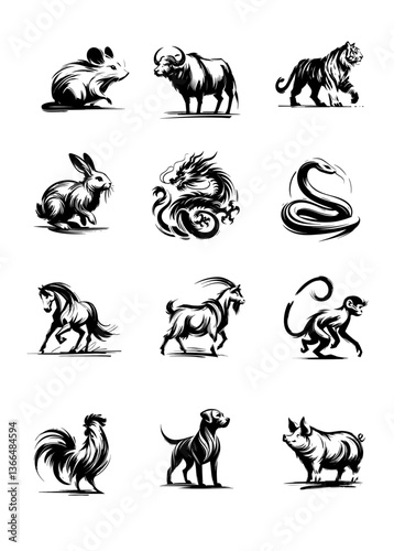Chinese Zodiac, Rat, Ox, Tiger, Rabbit, Dragon, Snake, Horse, Goat, Monkey, Rooster, Dog, Pig.