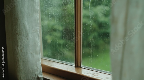 Enjoying a rainy countryside moment from an open window with a view of lush greenery
