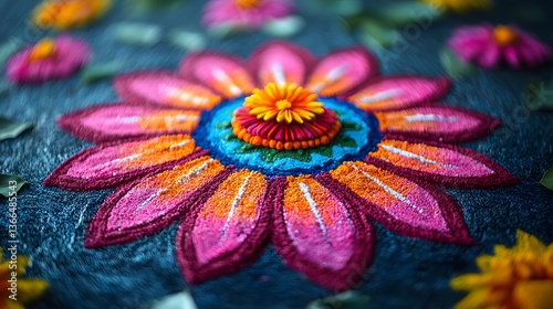 Colorful flower Rangoli pattern on dark ground