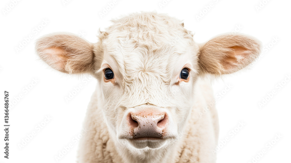 White calf face portrait with a pink nose looking forward, cut out transparent White calf face portrait with a pink nose looking forward, cut out transparent