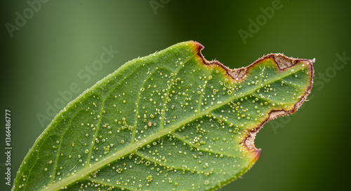 Close-up of a damaged leaf exhibiting signs of thrips infestation and feeding photo
