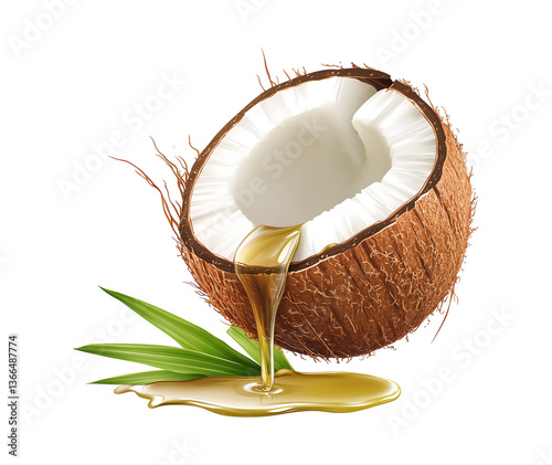 Virgin Coconut Oil with Coconut Shell, Healthy Coconut Oil and Opened Coconut Isolated on Transparent Background