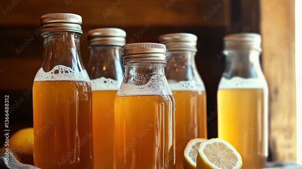 Five bottles filled with a fizzy, refreshing beverage sit next to freshly cut lemons, embodying summer's thirst-quenching joys and inviting sensations of flavor and refreshment. Five bottles filled with a fizzy, refreshing beverage sit next to freshly cut lemons, embodying summer's thirst-quenching joys and inviting sensations of flavor and refreshment.