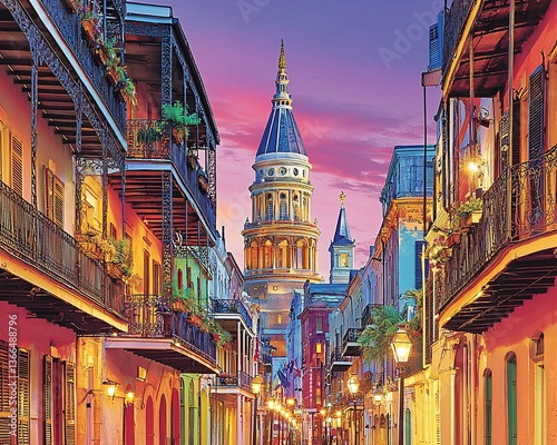 Colorful New Orleans street at dusk, cathedral view, travel postcard