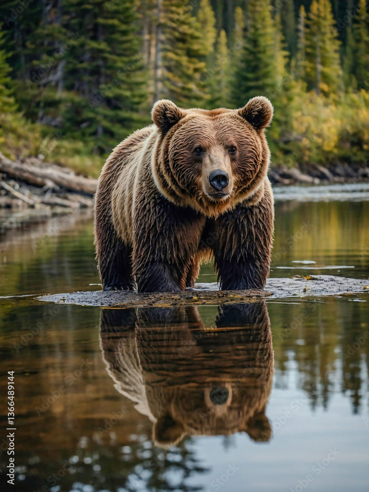Brown bear standing at a forest lake with a stunning reflection.
