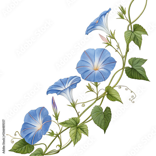 Delicate Blue Morning Glory Flowers on a Green Vine Background
