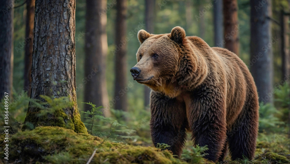 Brown bear standing in a serene forest environment. Brown bear standing in a serene forest environment.