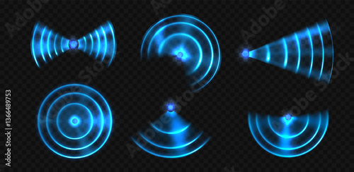 Wifi neon wave light effect. Blue glowing Sonic waves, signal sensor waves internet wireless connection. Blue ring glow