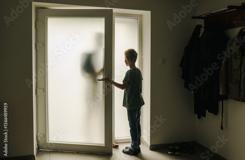 Obraz na płótnie Child alone at home, opens door to stranger