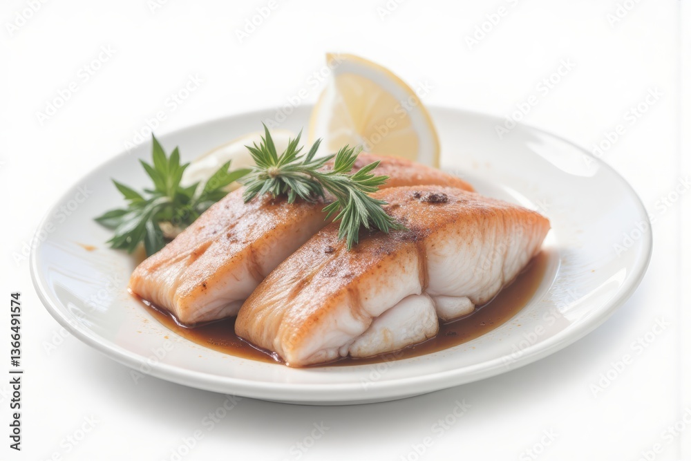 Grilled Salmon Fillet with Lemon and Herbs on White Plate, Healthy Seafood Meal Grilled Salmon Fillet with Lemon and Herbs on White Plate, Healthy Seafood Meal