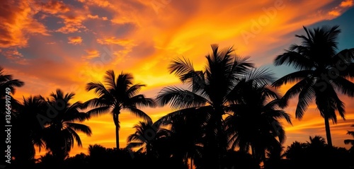 Silhouetted palm trees against a vibrant summer sunset sky, relaxation, pink, exotic