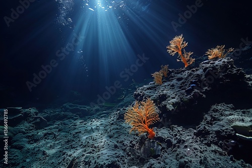 Fototapeta Naklejka Na Ścianę i Meble -  Endangered Black Corals Deep Sea Gemstones Depict a rare black coral reef shimmering under bioluminescent jellyfish as marine biologists monitor its slow growth and protection from illegal harvesting
