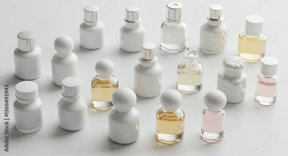 Collection of Diverse Small Perfume Bottles on White Background Display Collection of Diverse Small Perfume Bottles on White Background Display