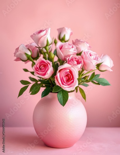 Delicate pink roses in a textured pink vase on a matching background, pink, petals