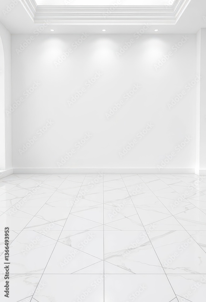 Fototapeta premium Gleaming marble tiles form a geometric pattern on a pristine white floor, set against a stark white wall, geometric, real estate