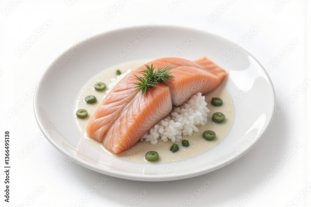 Elegant Salmon Dish with White Sauce and Rice on White Plate