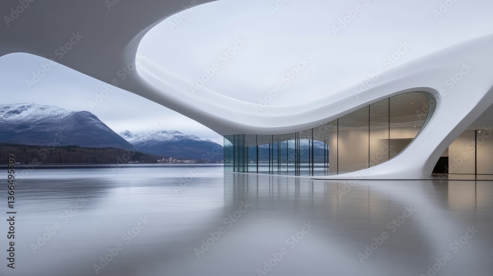 Modern architectural marvel overlooking serene lake and mountains Modern architectural marvel overlooking serene lake and mountains