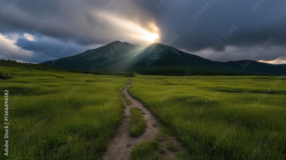 Obraz premium Sunbeams pierce clouds over a grassy mountain path
