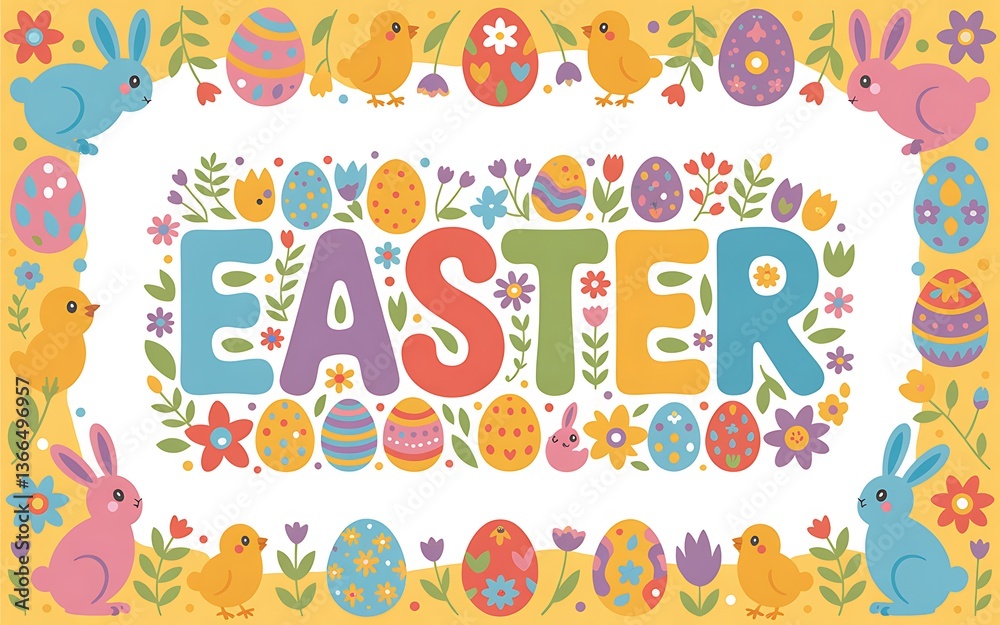 Obraz premium Easter Celebration with Colorful Easter Eggs Blooming Spring Flowers and a Cheerful Bunny in a Festive Cartoon Illustration Symbolizing Easter Holiday Traditions and the Joyful Spirit of Springtime