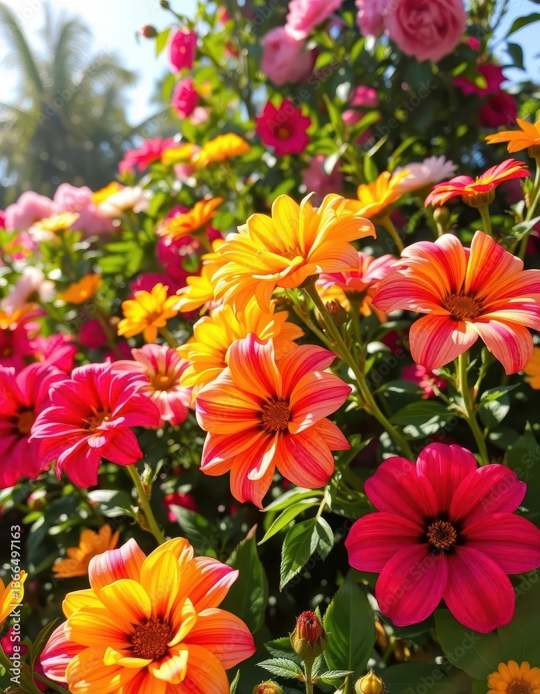 Obraz premium Vibrant summer blooms in a lush garden, sunlight dappled on petals, photography, sunflowers, meadow
