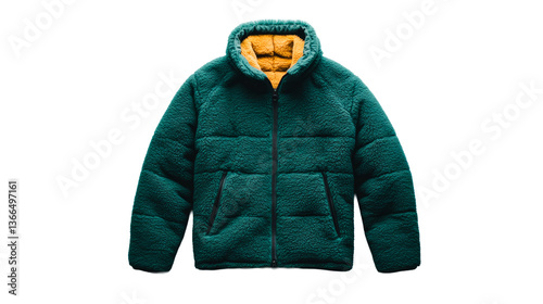 Warm teal puffer jacket with yellow lining, isolated cut out transparent