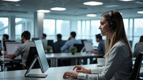 Woman with headset working on desktop computer in a modern office with coworkers in the background. Bright open space with windows and organized workstations.