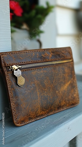 A close up image showcasing a worn brown leather wallet