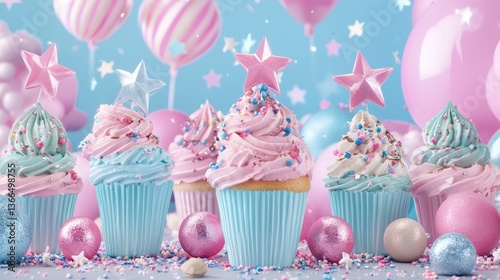 Pastel cupcakes and balloons for a celebration. Possible stock use  Birthday, party, dessert