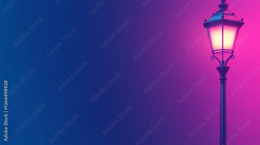 An illuminated lamp post against a vibrant gradient color backdrop An illuminated lamp post against a vibrant gradient color backdrop