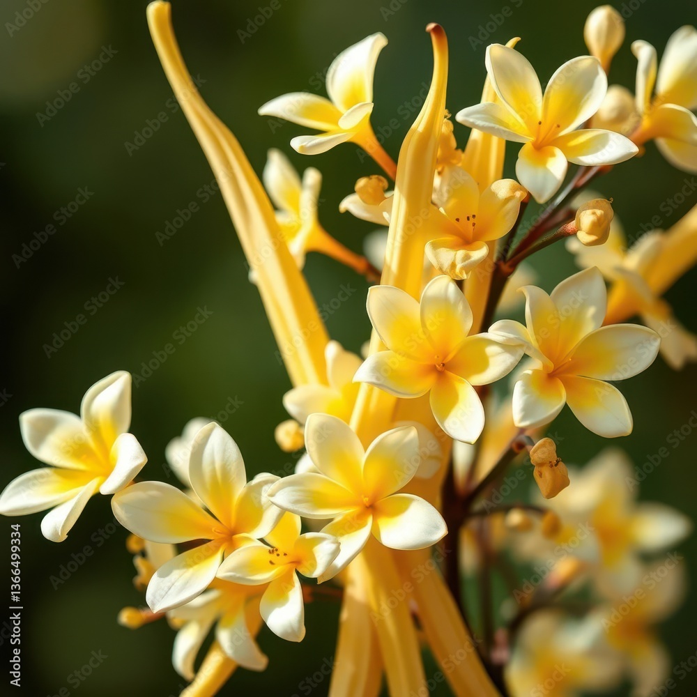 Fototapeta premium Elegant vanilla sticks intertwined with delicate blooms, dessert, baking, organic