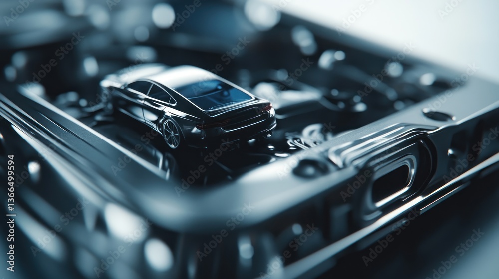 Miniature Car on Mechanical Background Precision Engineering and Automotive Design