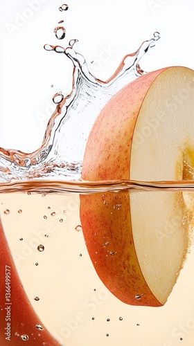 Apple slice splashing in liquid, clear background, for food photography, beverage advertising