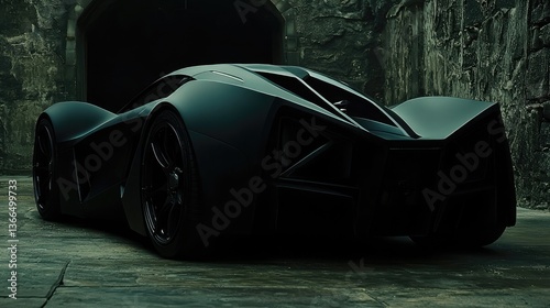 Dark exotic car parked in a garage for auto show, advertisement or luxury lifestyle