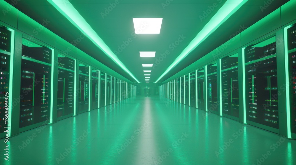 Fototapeta premium Modern Data Center with Green Lighting and Server Racks