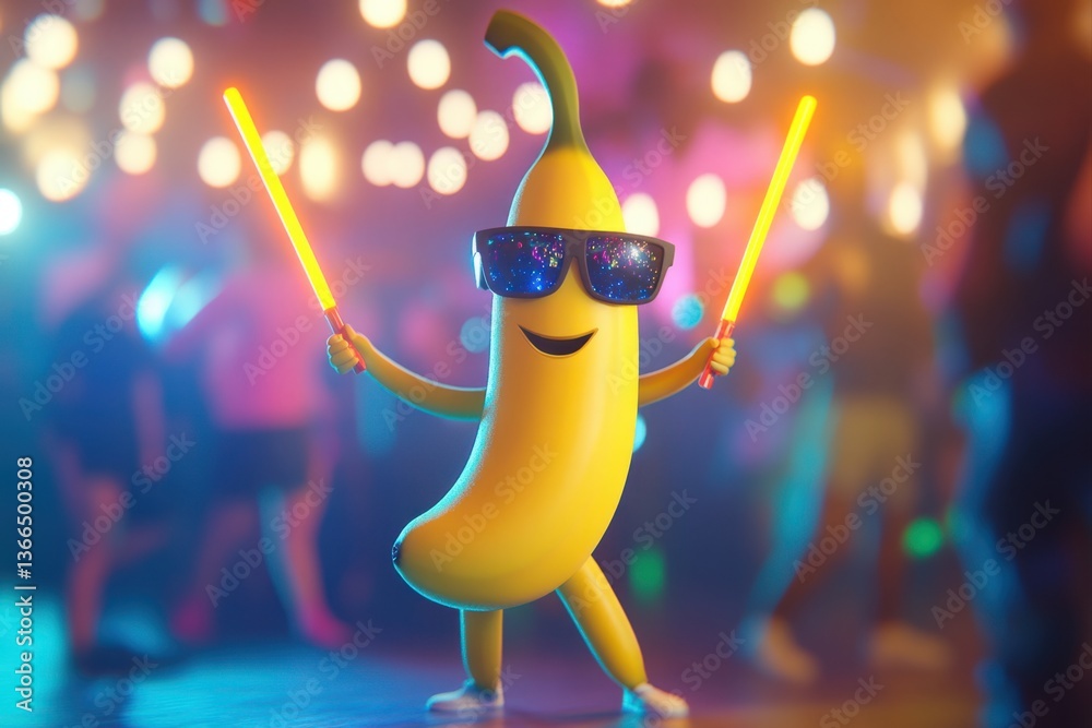 Obraz premium Cartoon banana dancing with glow sticks at a nightclub