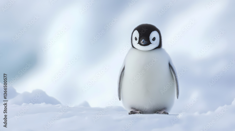 Obraz premium Proud and confident baby penguin standing strong on the icy arctic tundra. Frozen Hatchling. Illustration