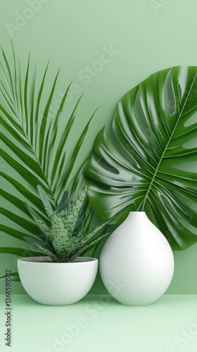 Tropical leaves, vase, plant, green background, minimalist still life, home decor